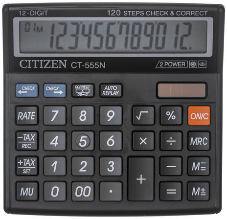 Калькулятор настольный CITIZEN CT-555N, МАЛЫЙ (130x129 мм), 12 разрядов, двойное питание