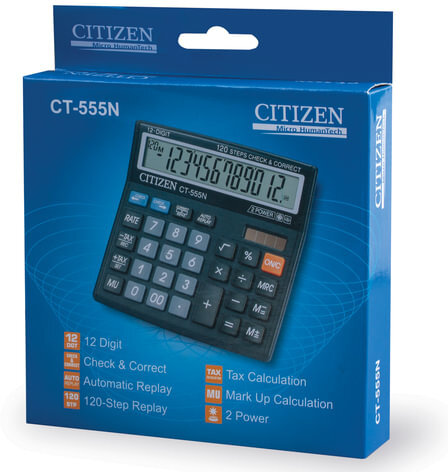 Калькулятор настольный CITIZEN CT-555N, МАЛЫЙ (130x129 мм), 12 разрядов, двойное питание