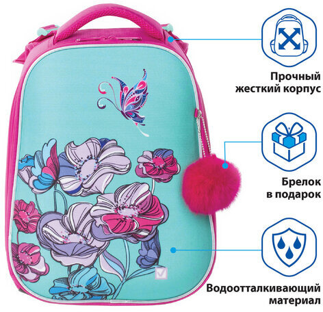 Ранец BRAUBERG PREMIUM, 2 отделения, с брелоком, для девочек, "Весенняя мята", 38х29х18 см, 227817