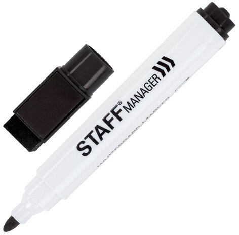 Маркер стираемый для белой доски на магните со стирателем, ЧЕРНЫЙ, STAFF "Manager" WBM-002, 3 мм, 152002