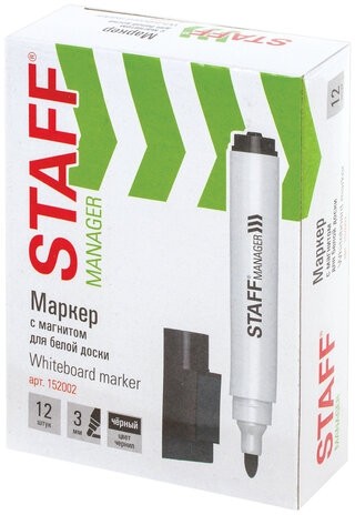 Маркер стираемый для белой доски на магните со стирателем, ЧЕРНЫЙ, STAFF "Manager" WBM-002, 3 мм, 152002
