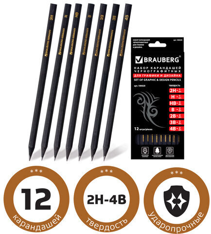 Карандаши чернографитные BRAUBERG НАБОР 12 шт., "Black Jack", 2Н-4В, без резинки, черные, дерево, заточенные, 180620