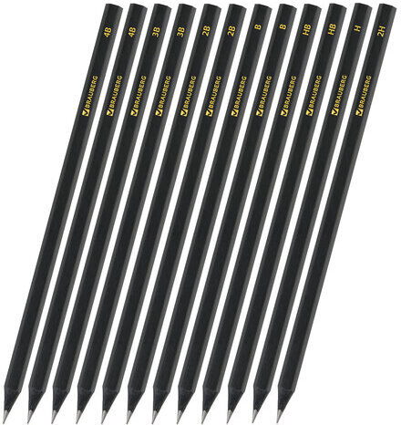 Карандаши чернографитные BRAUBERG НАБОР 12 шт., "Black Jack", 2Н-4В, без резинки, черные, дерево, заточенные, 180620