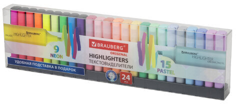 Набор текстовыделителей 24 ЦВЕТА на подставке, BRAUBERG "ORIGINAL", 15 пастельных цветов + 9 неоновых цветов, линия 1-5 мм, 152508