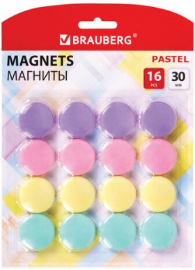 Магниты 30 мм, НАБОР 16 шт., BRAUBERG &quot;PASTEL&quot;, блистер, 272519