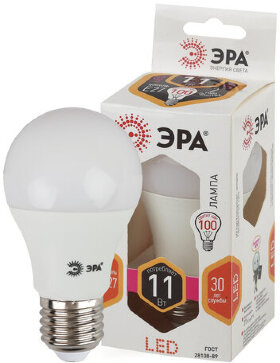 Лампа светодиодная ЭРА, 11 (100) Вт, цоколь E27, грушевидная, теплый белый свет, 25000 ч., LED, smdA60-10w-827-E27, Б0020532