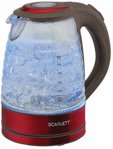 Чайник SCARLETT SC-EK27G62, 1,7 л, 2200 Вт, закрытый нагревательный элемент, стекло, красный