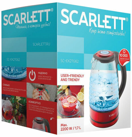 Чайник SCARLETT SC-EK27G62, 1,7 л, 2200 Вт, закрытый нагревательный элемент, стекло, красный