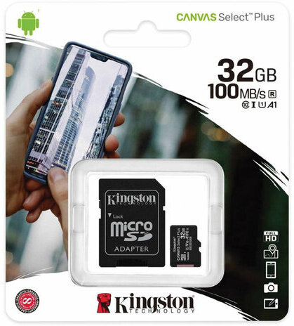 Карта памяти microSDHC 32 GB KINGSTON Canvas Select Plus, UHS-I U1, 100 Мб/с (class 10), адаптер, SDCS2/32GB