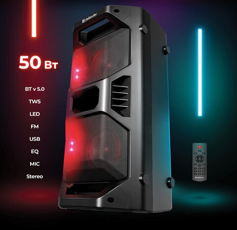 Колонка портативная DEFENDER Rage, 2.0, 50 Вт, Bluetooth, FM-тюнер, microSD, чёрная, 65109