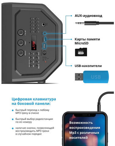 Колонка портативная DEFENDER Rage, 2.0, 50 Вт, Bluetooth, FM-тюнер, microSD, чёрная, 65109