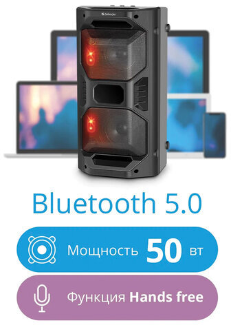 Колонка портативная DEFENDER Rage, 2.0, 50 Вт, Bluetooth, FM-тюнер, microSD, чёрная, 65109
