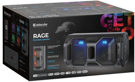 Колонка портативная DEFENDER Rage, 2.0, 50 Вт, Bluetooth, FM-тюнер, microSD, чёрная, 65109