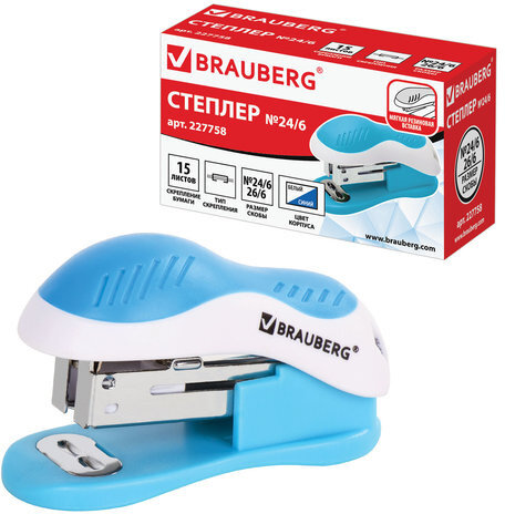 Степлер №24/6, 26/6 МИНИ BRAUBERG "JET", до 15 листов, эргономичный, бело-голубой, 227758