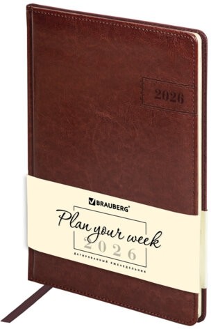 Еженедельник датированный 2026, БОЛЬШОЙ ФОРМАТ 210х297 мм, А4, BRAUBERG "Imperial", под кожу, коричневый, 117156