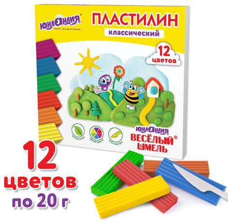 Пластилин классический ЮНЛАНДИЯ "ВЕСЁЛЫЙ ШМЕЛЬ", 12 цветов, 240 грамм, стек, ВЫСШЕЕ КАЧЕСТВО, 106431