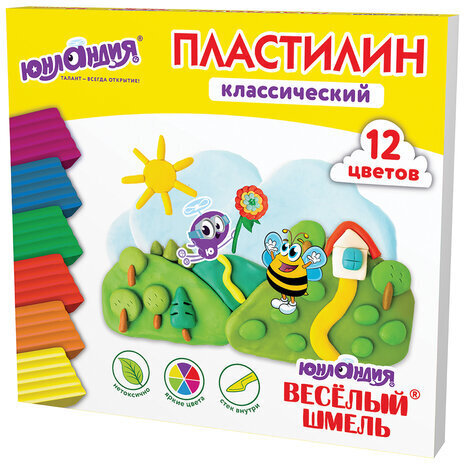 Пластилин классический ЮНЛАНДИЯ "ВЕСЁЛЫЙ ШМЕЛЬ", 12 цветов, 240 грамм, стек, ВЫСШЕЕ КАЧЕСТВО, 106431