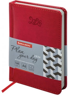 Ежедневник датированный 2026, МАЛЫЙ ФОРМАТ 100х150 мм, А6, BRAUBERG &quot;Rainbow&quot;, под кожу, красный, 117256