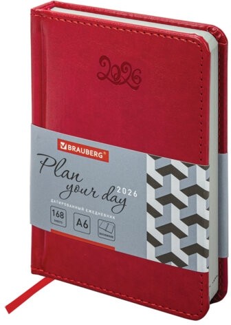 Ежедневник датированный 2026, МАЛЫЙ ФОРМАТ 100х150 мм, А6, BRAUBERG "Rainbow", под кожу, красный, 117256