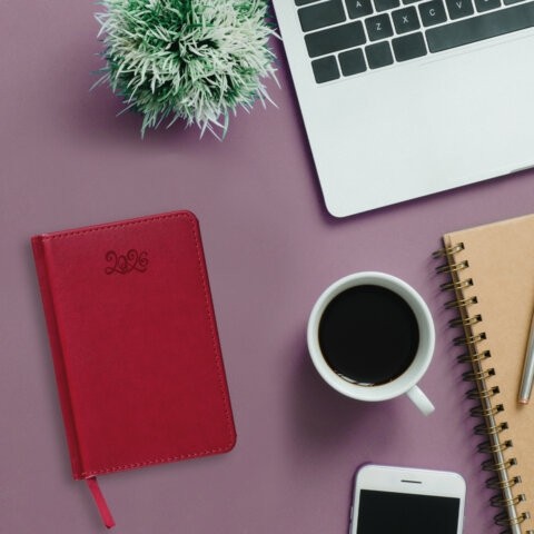 Ежедневник датированный 2026, МАЛЫЙ ФОРМАТ 100х150 мм, А6, BRAUBERG "Rainbow", под кожу, красный, 117256