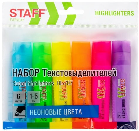 Набор текстовыделителей 6 НЕОНОВЫХ ЦВЕТОВ, STAFF "EVERYDAY HL-707", линия 1-5 мм, скошенный наконечник, 152550