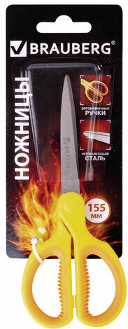 Ножницы BRAUBERG "Original", 155 мм, оранжево-желтые, ребристые резиновые вставки, 236450