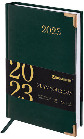 Ежедневник датированный 2023 А5 138x213 мм BRAUBERG "Senator", под кожу, зеленый, 114064