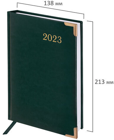 Ежедневник датированный 2023 А5 138x213 мм BRAUBERG "Senator", под кожу, зеленый, 114064