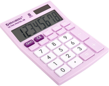 Калькулятор настольный BRAUBERG ULTRA PASTEL-08-PR, КОМПАКТНЫЙ (154x115 мм), 8 разрядов, двойное питание, СИРЕНЕВЫЙ, 250516