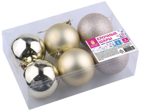 Шары ёлочные 6 шт., 6 см, "Trio", пластик, СВЕТЛОЕ ЗОЛОТО (глянец, матовый, глиттер), ЗОЛОТАЯ СКАЗКА, 590866