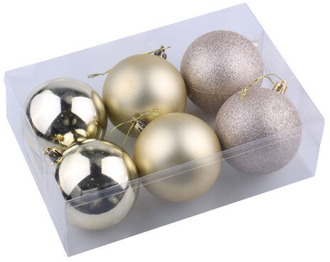 Шары ёлочные 6 шт., 6 см, "Trio", пластик, СВЕТЛОЕ ЗОЛОТО (глянец, матовый, глиттер), ЗОЛОТАЯ СКАЗКА, 590866