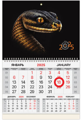 Календарь квартальный на 2025 г., 1 блок, 1 гребень, магнитный курсор, мелованная бумага, BRAUBERG, &quot;Змея&quot;, 116083