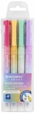 Набор текстовыделителей двусторонних 4 ШТУКИ / 8 ЦВЕТОВ, BRAUBERG &quot;GRADE&quot;, линия письма 1-4 мм, 152509