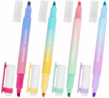 Набор текстовыделителей двусторонних 4 ШТУКИ / 8 ЦВЕТОВ, BRAUBERG "GRADE", линия письма 1-4 мм, 152509