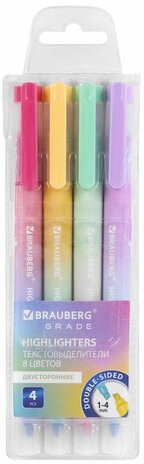 Набор текстовыделителей двусторонних 4 ШТУКИ / 8 ЦВЕТОВ, BRAUBERG "GRADE", линия письма 1-4 мм, 152509