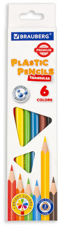 Карандаши цветные BRAUBERG PREMIUM, 6 цветов, трехгранные, грифель мягкий 3 мм, 181660