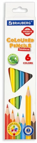 Карандаши цветные BRAUBERG PREMIUM, 6 цветов, трехгранные, грифель мягкий 3 мм, 181660