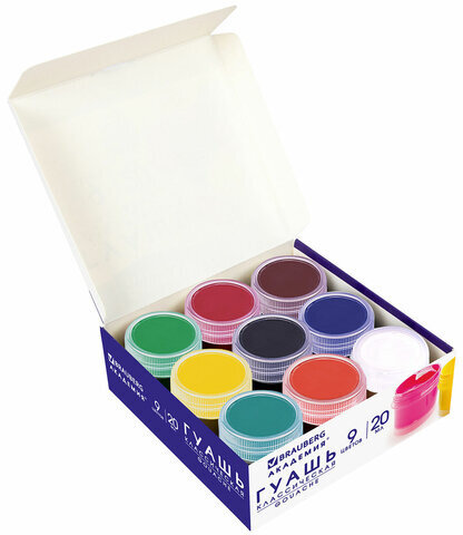 Гуашь BRAUBERG "АКАДЕМИЯ КЛАССИЧЕСКАЯ ЭКСТРА", 9 цветов по 20 мл, 192372