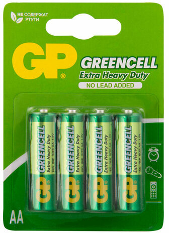 Батарейки КОМПЛЕКТ 4 шт., GP GreenCell AA (R6, 15G), солевые, пальчиковые, блистер, 15G-2CR4