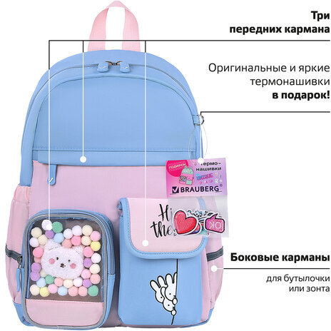 Рюкзак BRAUBERG PASTEL с термонашивками в комплекте, "Friendly bunnies", голубой, 40х29х14 см, 271423