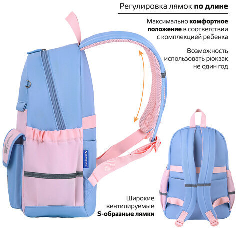 Рюкзак BRAUBERG PASTEL с термонашивками в комплекте, "Friendly bunnies", голубой, 40х29х14 см, 271423