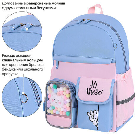 Рюкзак BRAUBERG PASTEL с термонашивками в комплекте, "Friendly bunnies", голубой, 40х29х14 см, 271423