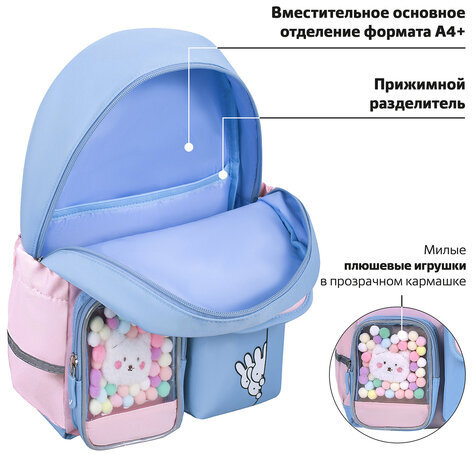 Рюкзак BRAUBERG PASTEL с термонашивками в комплекте, "Friendly bunnies", голубой, 40х29х14 см, 271423