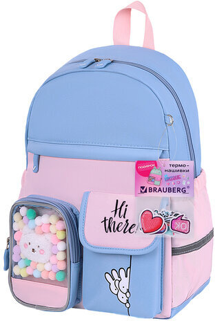 Рюкзак BRAUBERG PASTEL с термонашивками в комплекте, "Friendly bunnies", голубой, 40х29х14 см, 271423