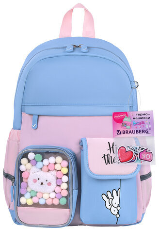 Рюкзак BRAUBERG PASTEL с термонашивками в комплекте, "Friendly bunnies", голубой, 40х29х14 см, 271423