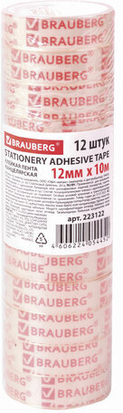 Клейкие ленты 12 мм х 10 м канцелярские BRAUBERG, комплект 12 шт., прозрачные, гарантированная длина, 223122
