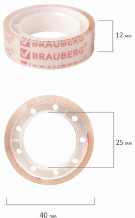 Клейкие ленты 12 мм х 10 м канцелярские BRAUBERG, комплект 12 шт., прозрачные, гарантированная длина, 223122