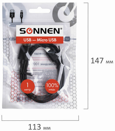 Кабель USB 2.0-micro USB, 1 м, SONNEN, медь, для передачи данных и зарядки, черный, 513115