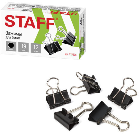 Зажимы для бумаг STAFF "EVERYDAY", КОМПЛЕКТ 12 шт., 19 мм, на 60 листов, черные, картонная коробка, 224606
