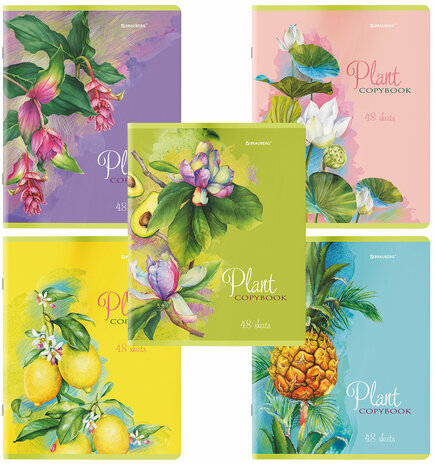 Тетради КОМПЛЕКТ 5 шт., А5, 48 л., BRAUBERG скоба, клетка, глянцевый лак, "Яркие Растения", 404393